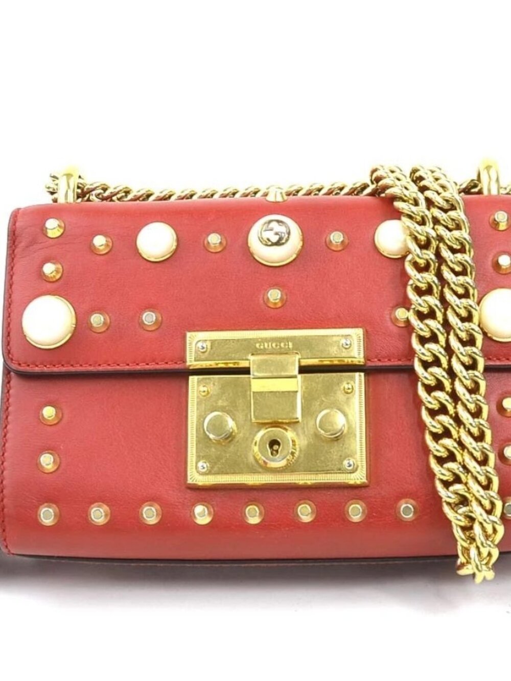 GUCCI Chain Shoulder Bag Red/Gold Leather/Metal/Faux Pearl -